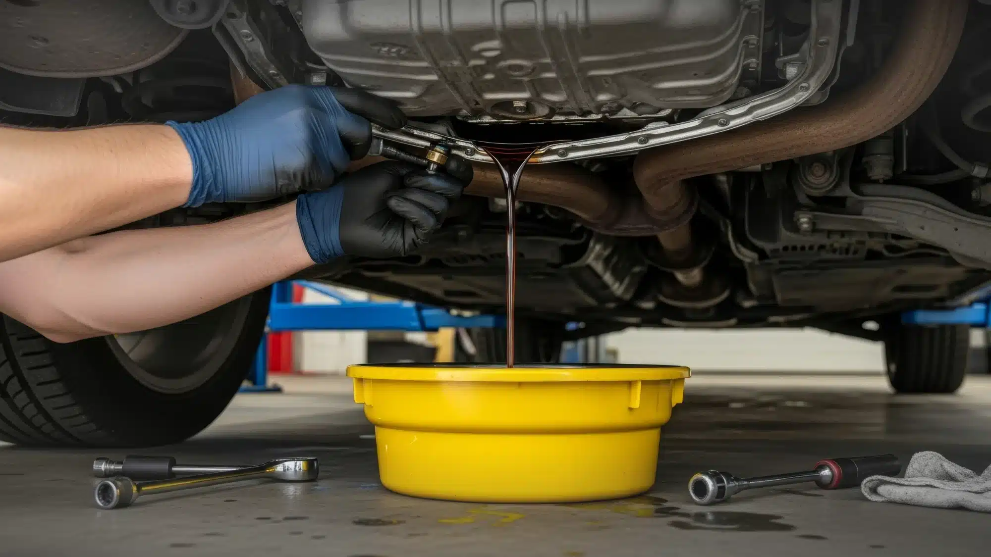 Mechanic performing an oil change service in Jupiter, FL garage